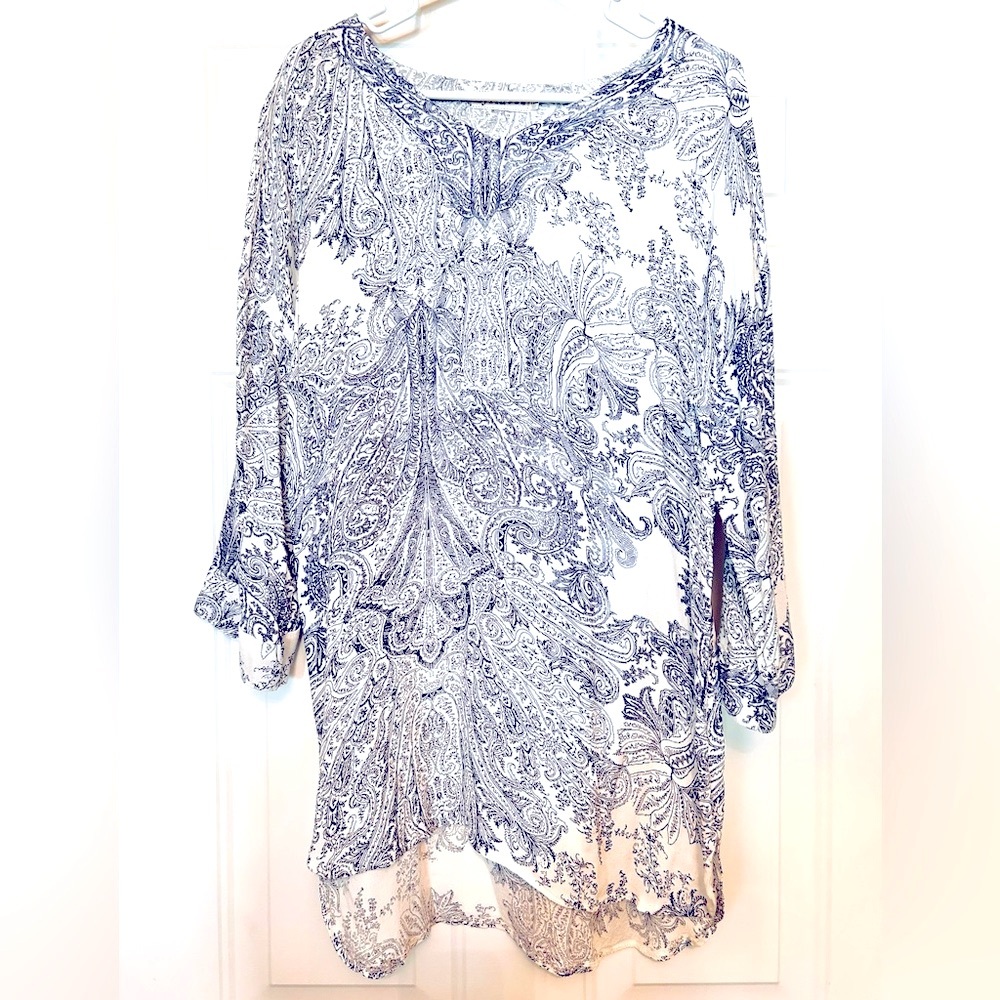 Lyria Paisley Tunic Dress L Blue White RARE Relaxed Coastal Luxury Cottagecore